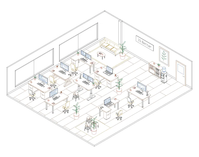 Office 50: isometric line drawing of an office with 8 desks, in black, green, brown, blue, terracotta and ochre ink.